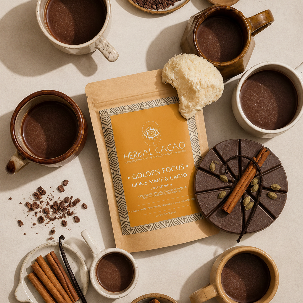 Packaging of Herbal Cacao Golden Focus with mugs of cacao, lionsmane, cinnamon and vanilla beans on a light background