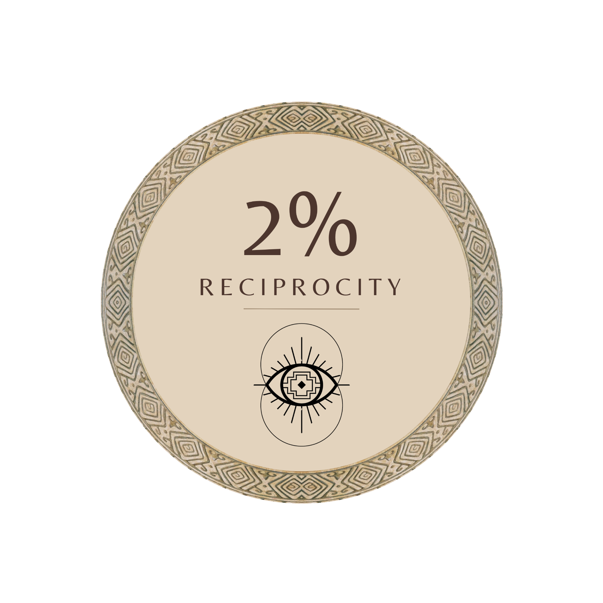A round logo with a cream center, dark brown text reading '2% RECIPROCITY,' and a herbal cacao logo. The outer rim has a repeating geometric pattern in beige and brown.