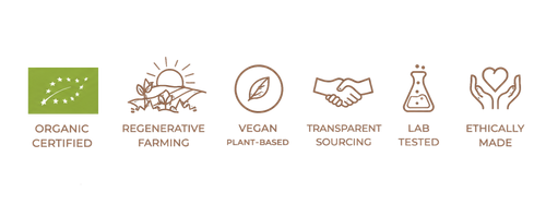 Set of icons and text representing ethical and sustainable product attributes on a transparent background.
