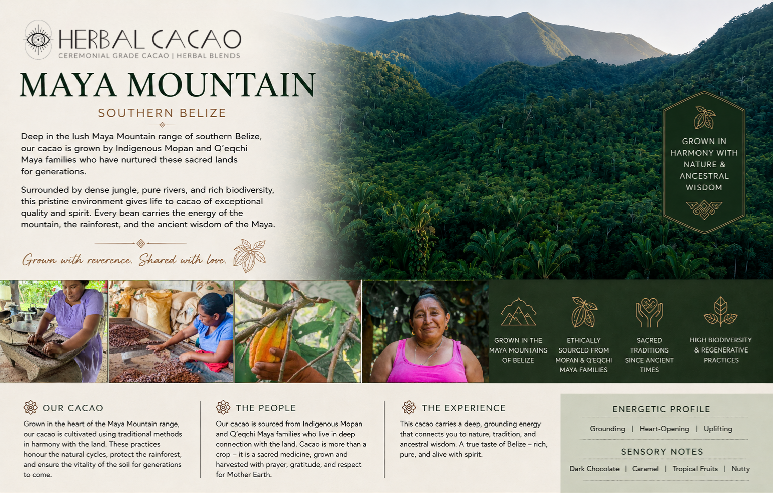 Herbal Cacao Maya Mountain Southern Belize promotional image with scenic mountain view and people.