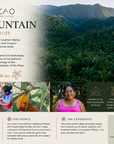 Herbal Cacao Maya Mountain Southern Belize promotional image with scenic mountain view and people.