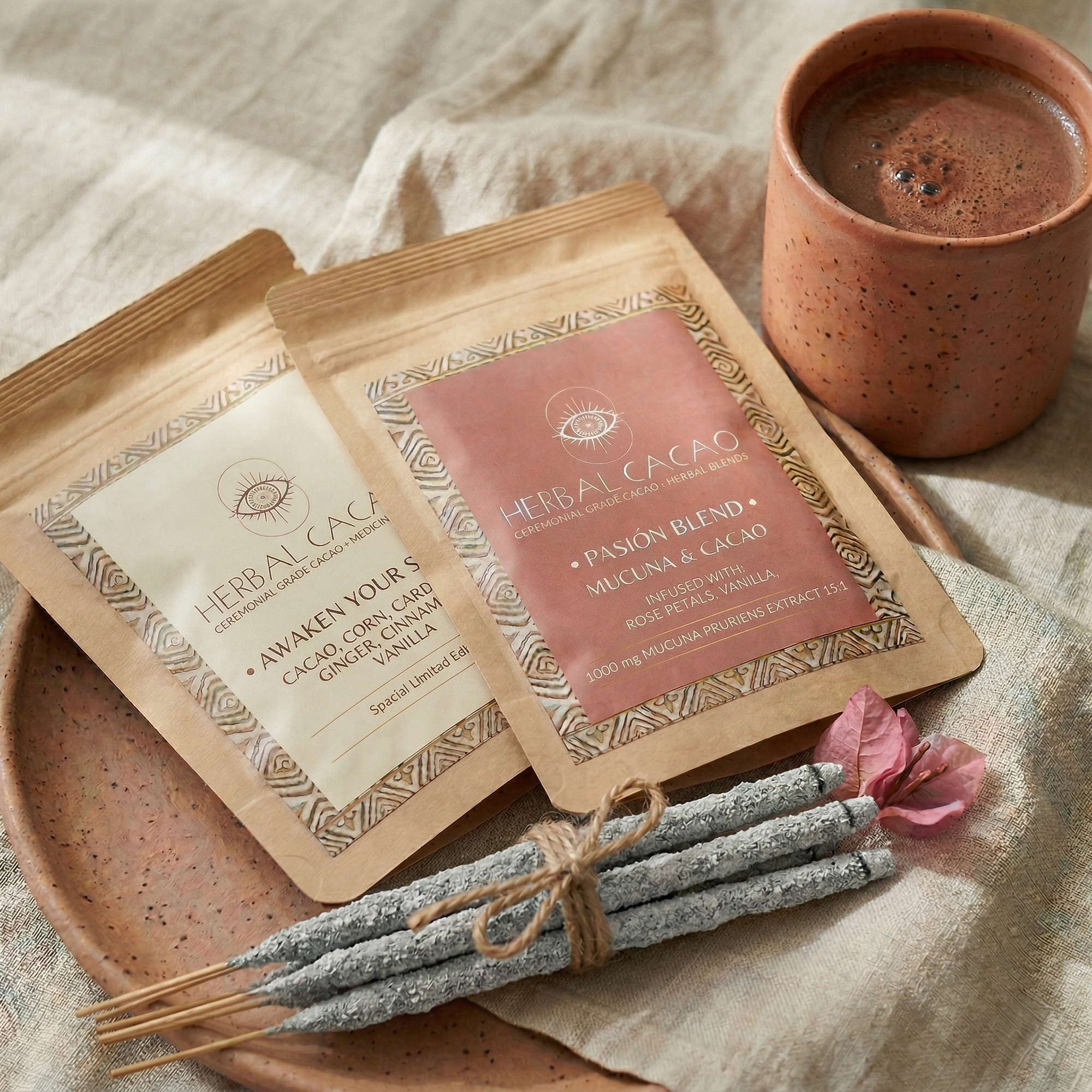 Herbal Cacao products including packets, a cup of cacao, and incense sticks on a textured surface.