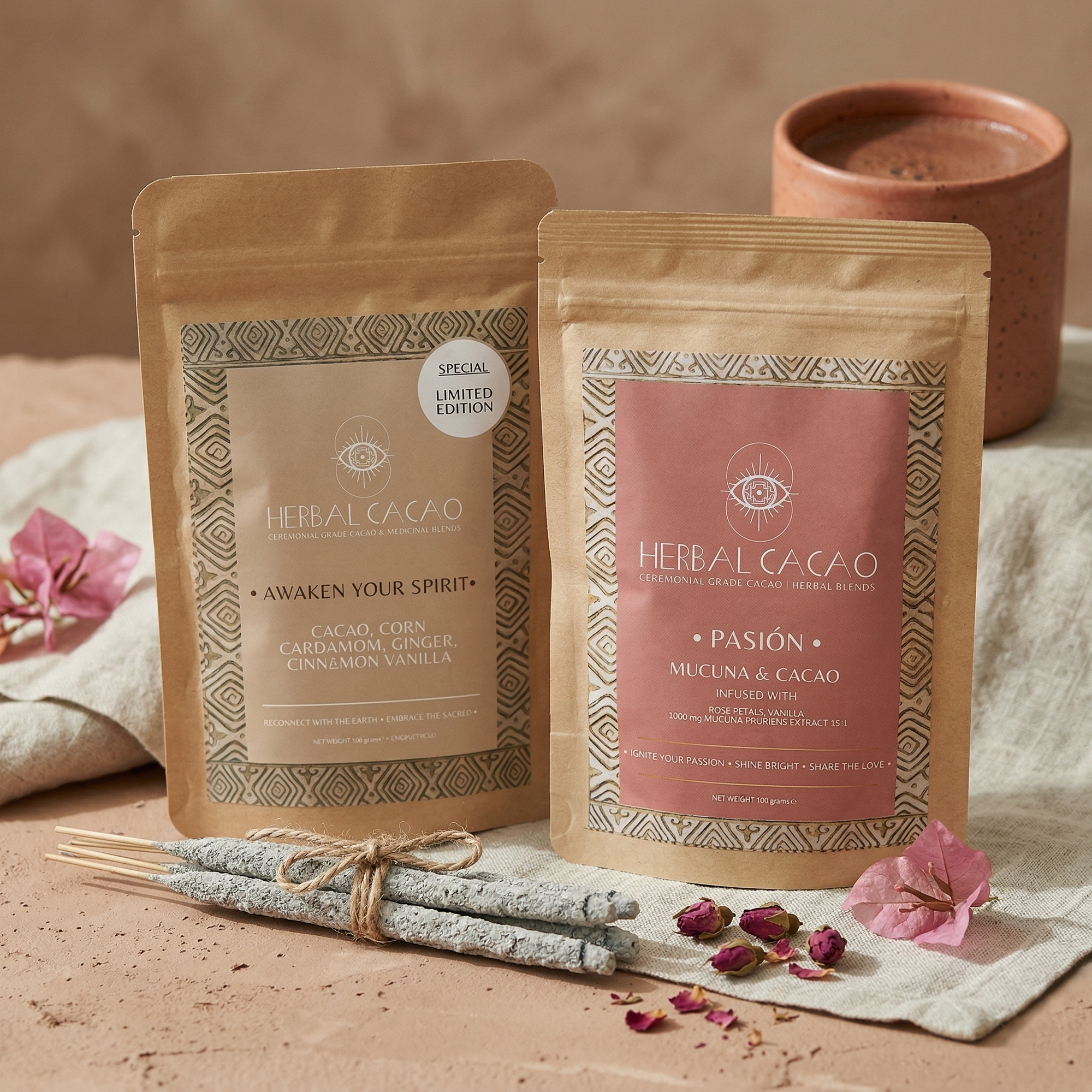 Two packages of Herbal Cacao on a textured surface with flowers and incense sticks.
