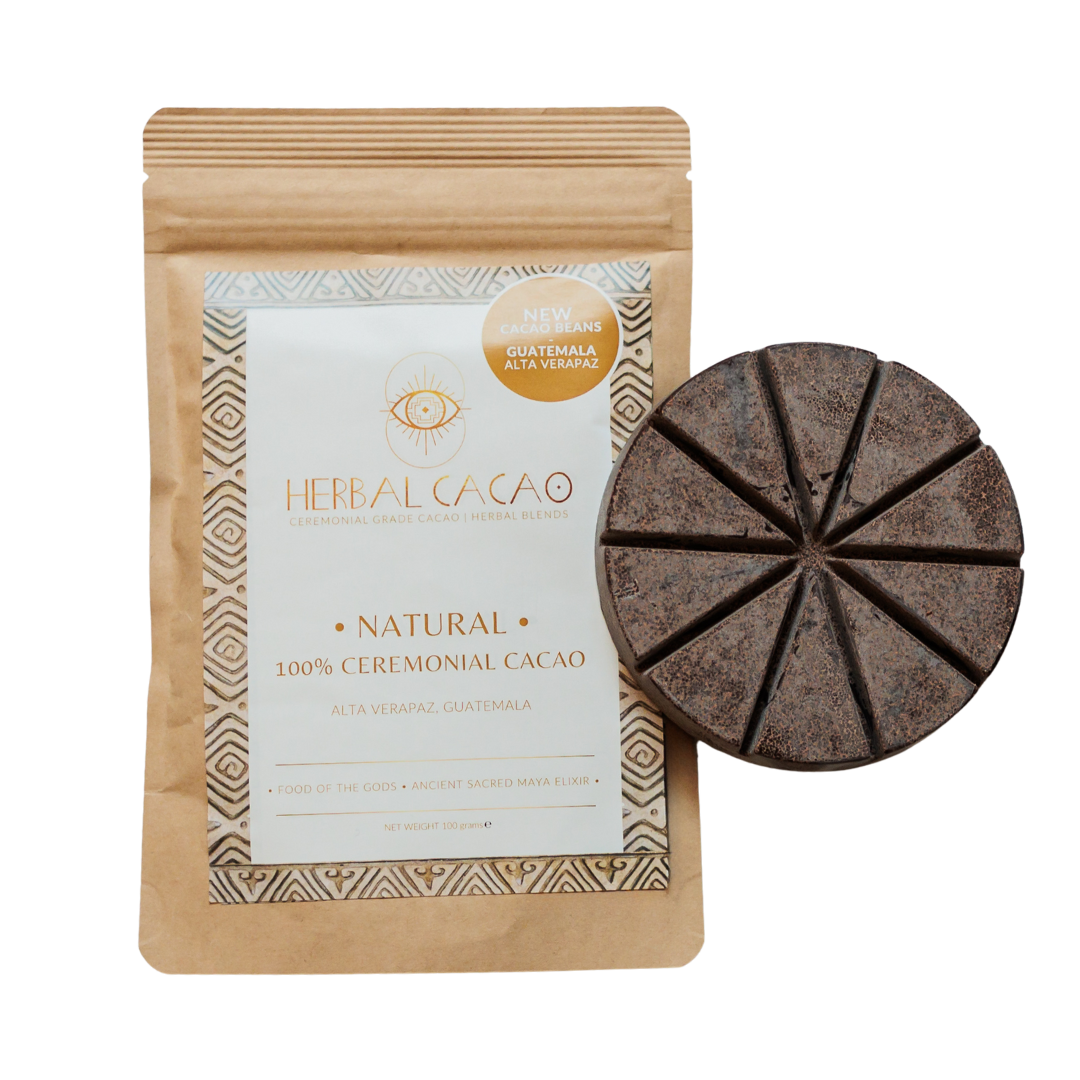 Herbal Cacao packaging with a cacao product on a transparent background