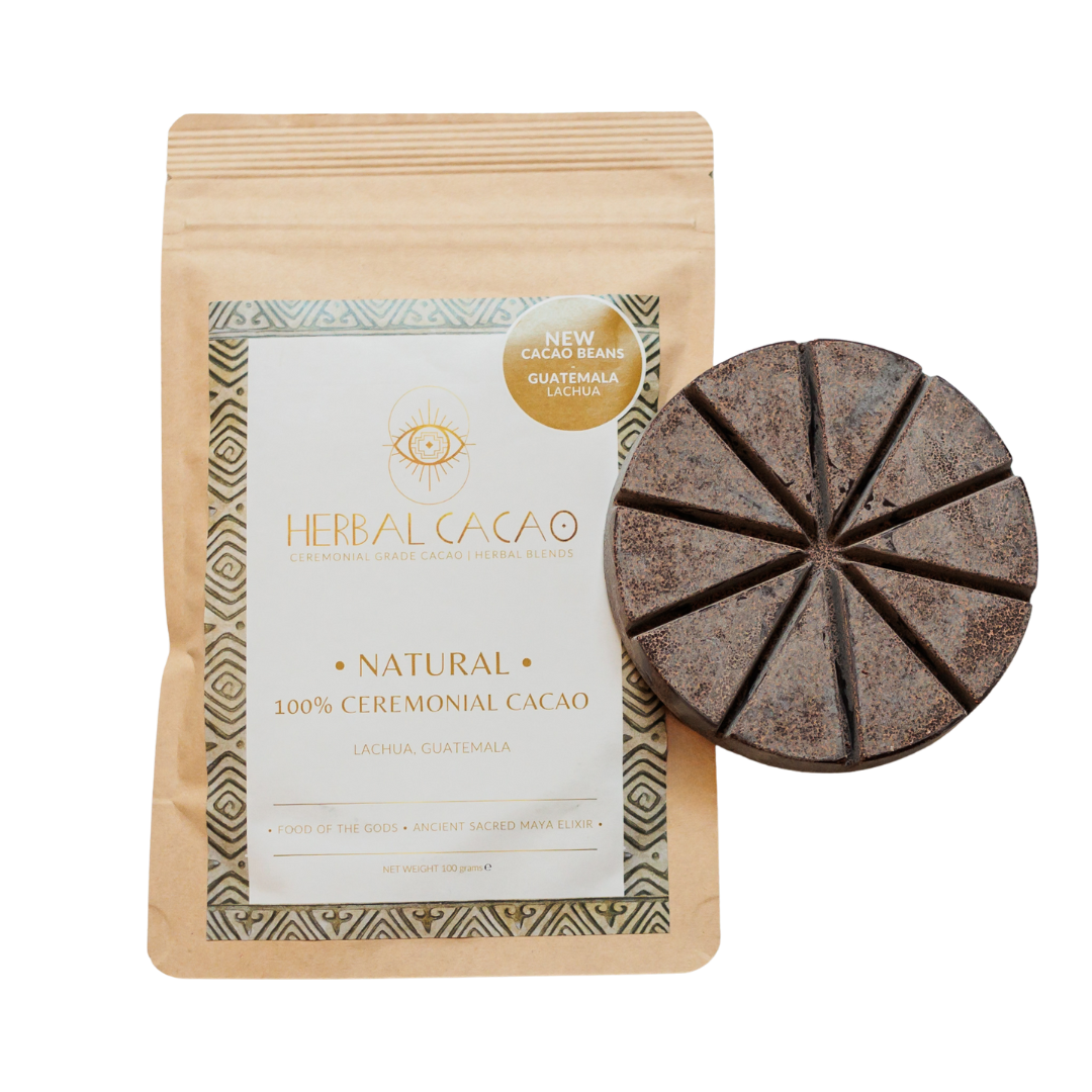 Herbal Cacao packaging with cacao disc on a transparent background