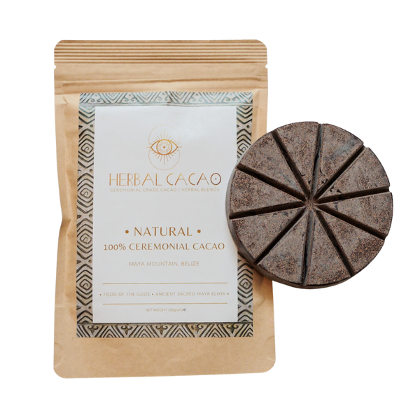 Natural ceremonial cacao 100g packaging by Herbal Cacao