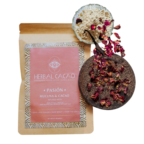 Pasion ceremonial cacao with Mucuna and Rose 100g packaging by Herbal Cacao
