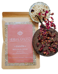 Herbal Cacao packaging with a close-up of a cacao disc and dried rose petal flowers on a transparent background
