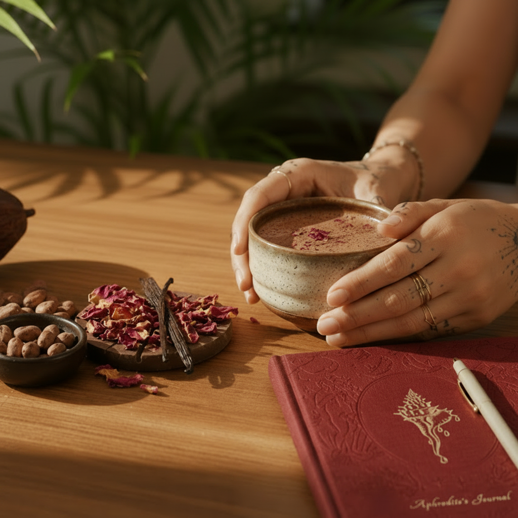 Person holding a mug of cacao with Herbal Cacao packaging and ingredients on a wooden table.