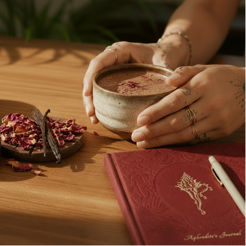 Person holding a mug of cacao with Herbal Cacao packaging and ingredients on a wooden table.