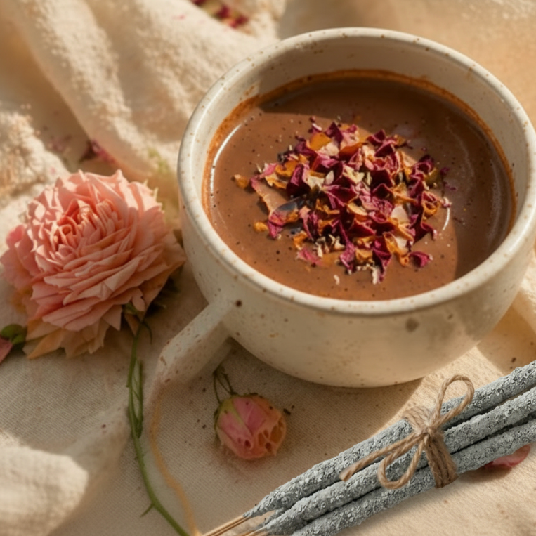 Cup of cacao with dried roses and copal sticks on a textured surface with a pink flower and candles.