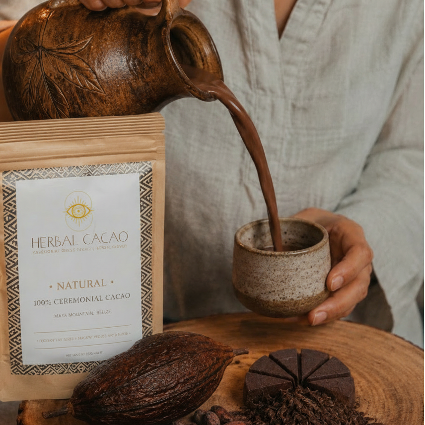 Person pouring cacao into a cup with a bag of Herbal Cacao in the background.