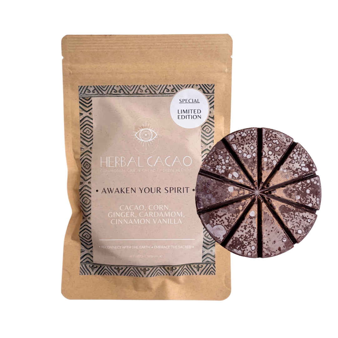 Herbal Cacao packaging with a round cacao disc on a white background