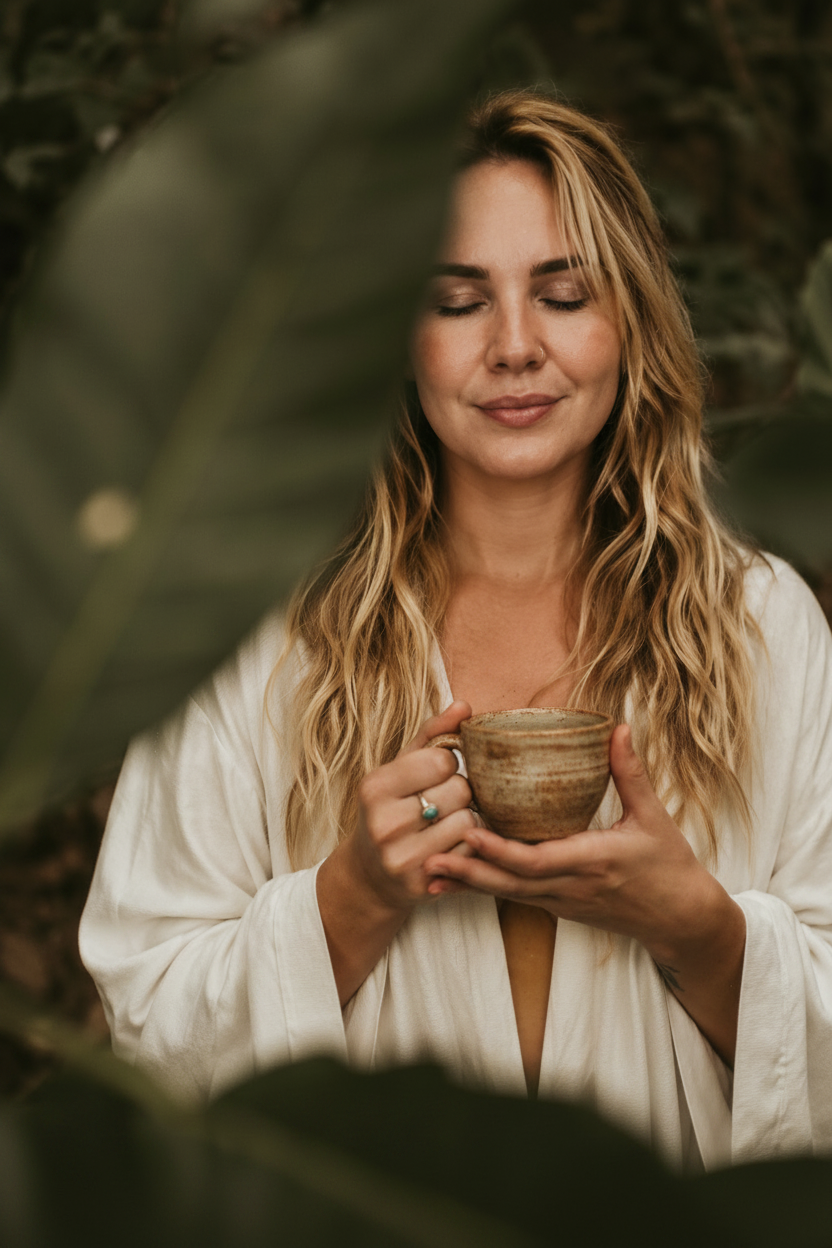 Sharon Fernie founder Herbal Cacao  standing among green leaved with her eyes closed and hands wrapped arround a cup of cacao