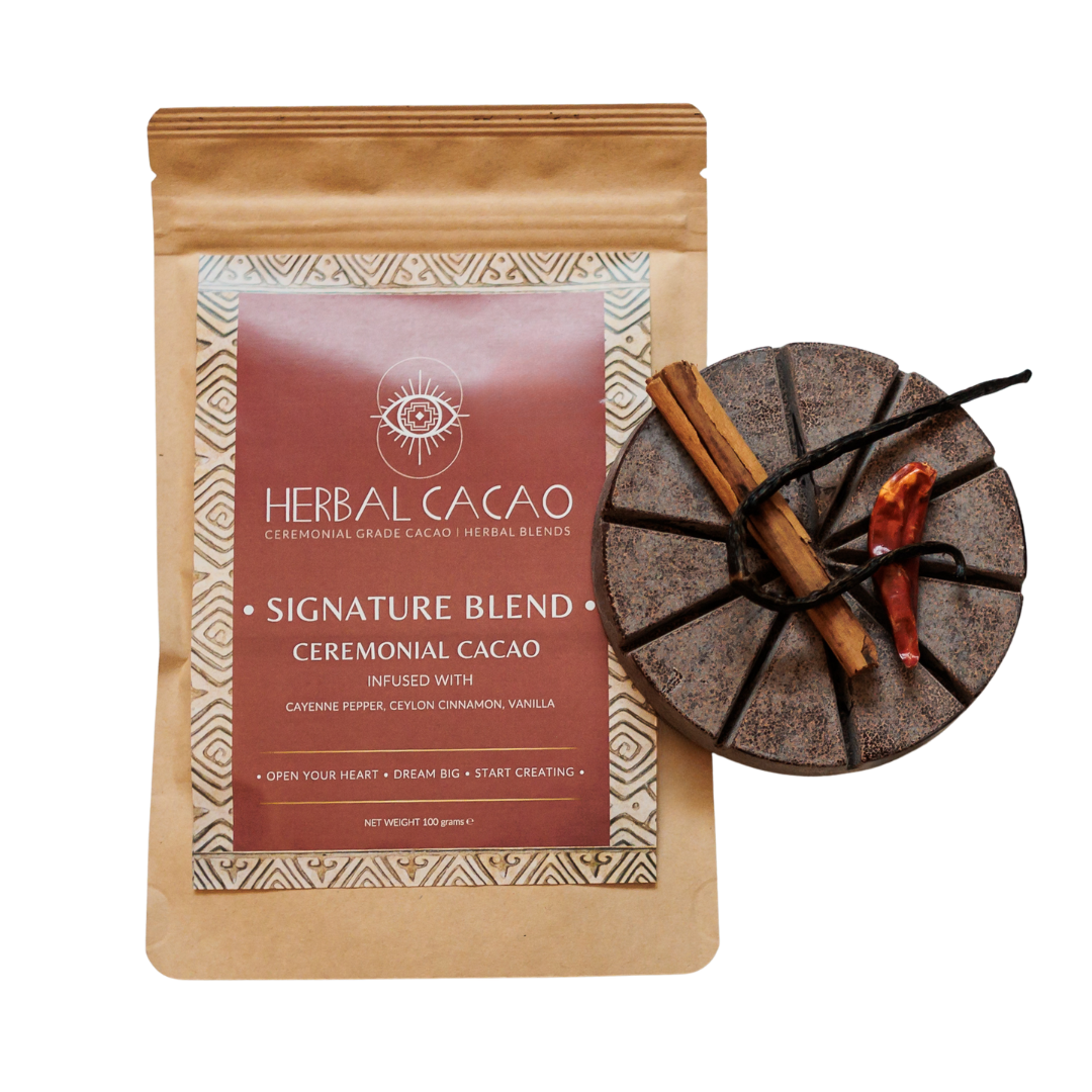 Herbal Cacao packaging with ingredients on a transparent background