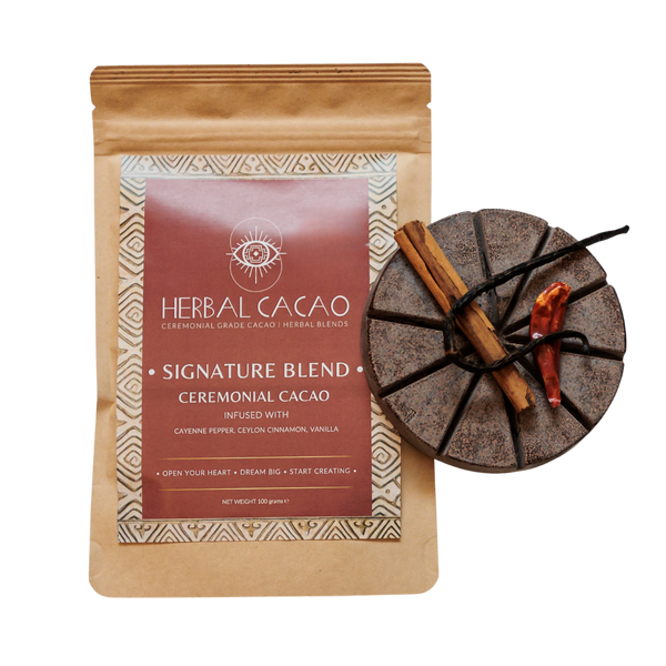 Signature Blend ceremonial cacao 100g packaging by Herbal Cacao