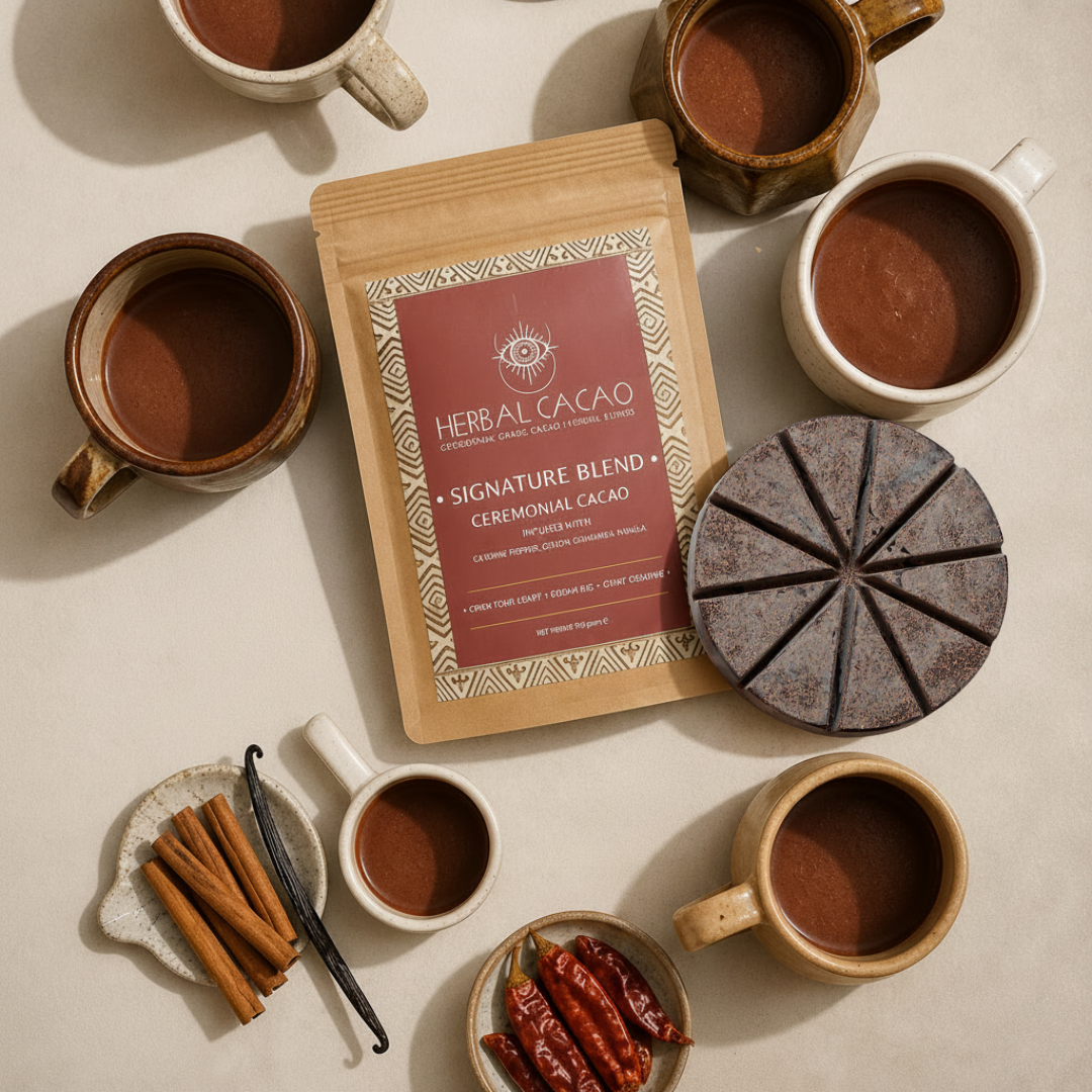 Herbal Cacao product with mugs of cacao, vanilla beans, and cinnamon on a beige background