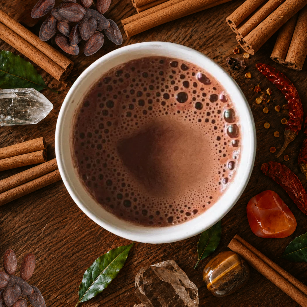 Signature Blend Ceremonial Cacao from Herbal cacao in a mug surrounded by cinnamon sticks, cacao beans, and other spices on a wooden surface.
