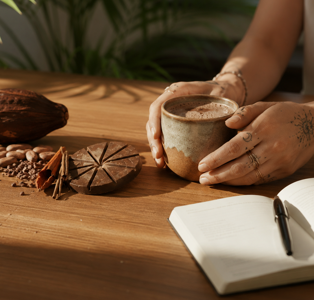 Person holding a cup of cacao on a wooden table with cocoa beans, cinnamon sticks, and a notebook.