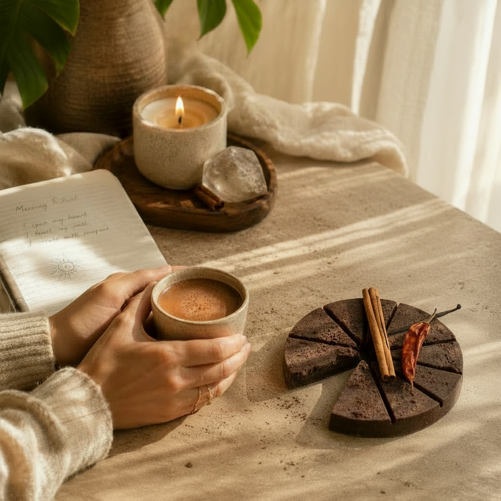 Person holding a cup of cacao, surrounded by a package of Herbal Cacao, a candle, and a book on a wooden surface.