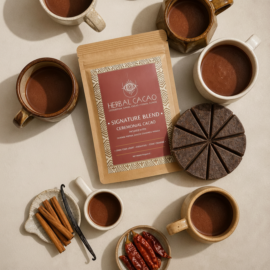 Herbal Cacao product with mugs of cacao, vanilla beans, and cinnamon on a beige background
