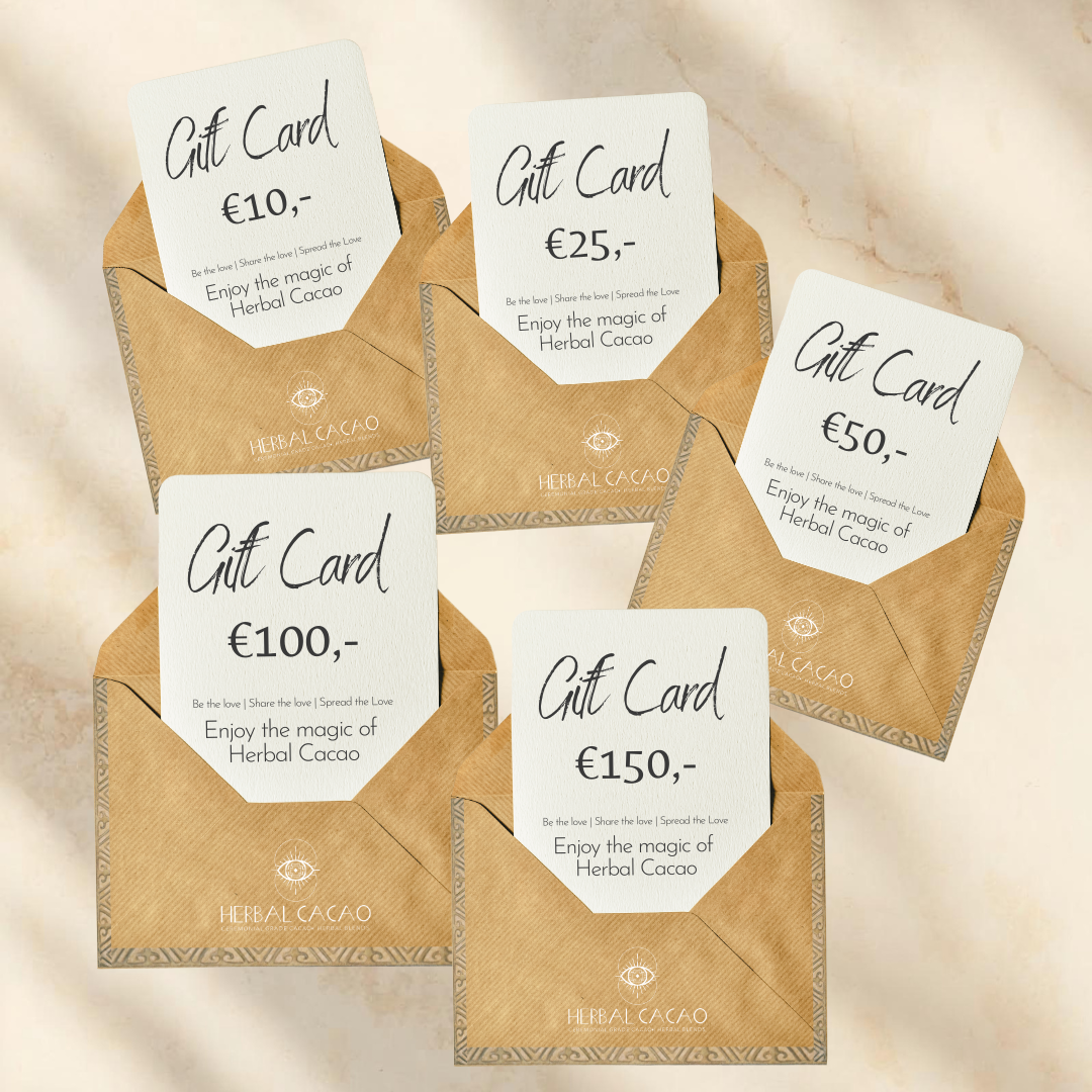 Set of Herbal Cacao gift cards in envelopes on a beige background