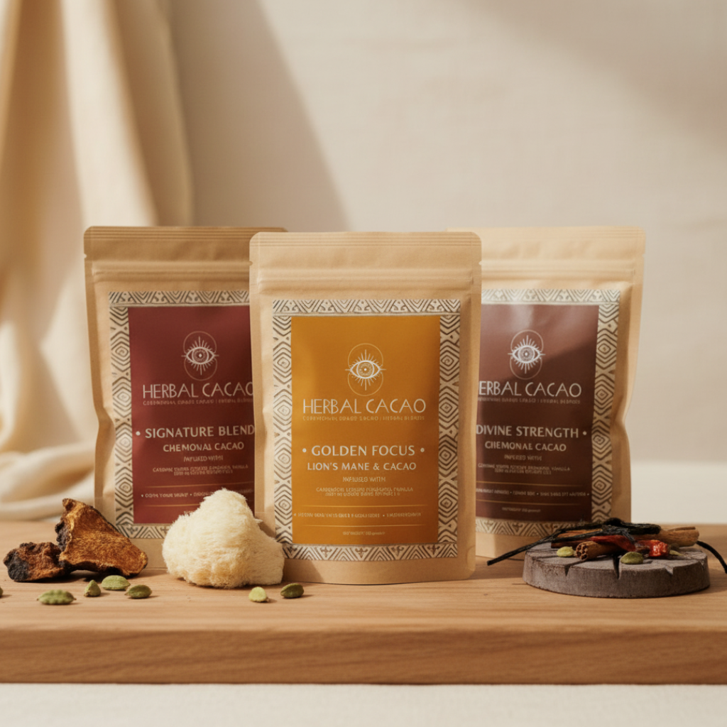 Three bags of Herbal Cacao on a wooden surface with decorative elements.