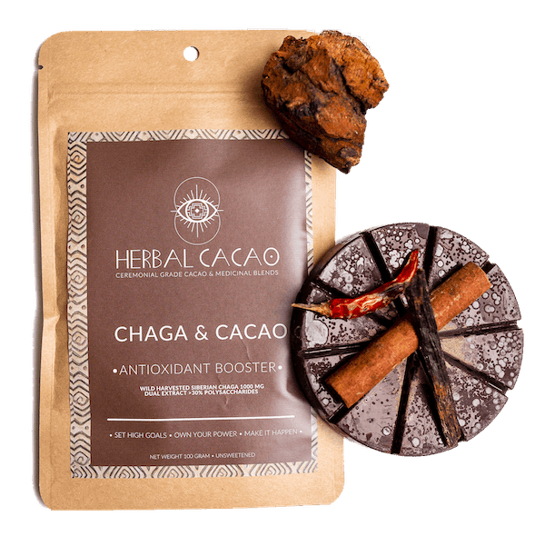 Chaga and 100% pure ceremonial grade cacao blend, infused with traditional Maya spices, offering powerful immune support and heart-opening effects.