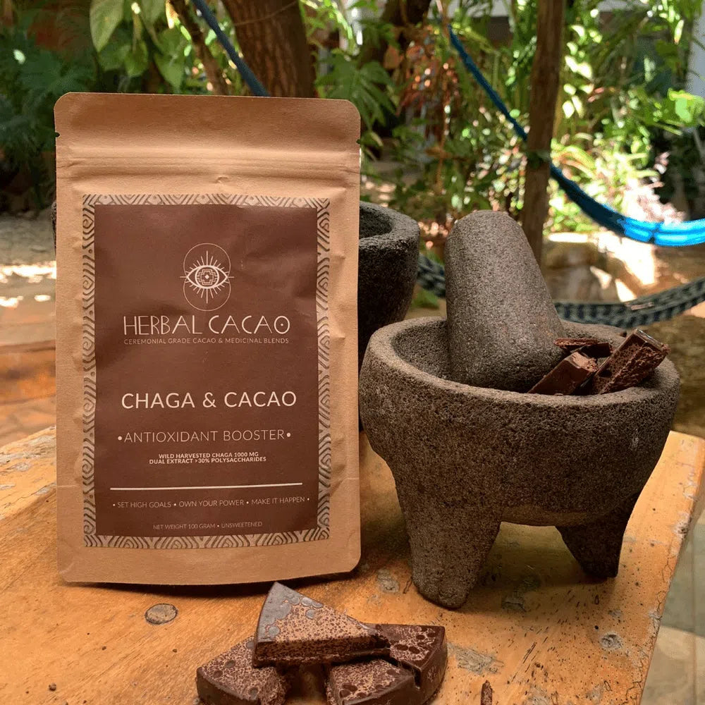 Chaga cacao with mortar and pestle