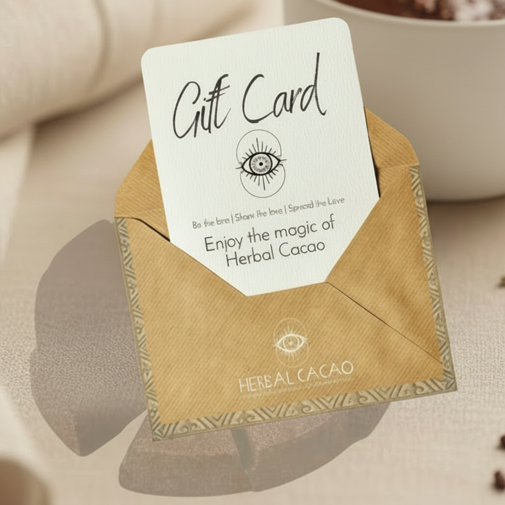 Gift card for Herbal Cacao in a brown envelope on a soft beige background