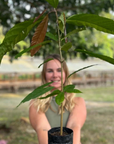 Sharon holding a potted baby cacao plant with a blurred background