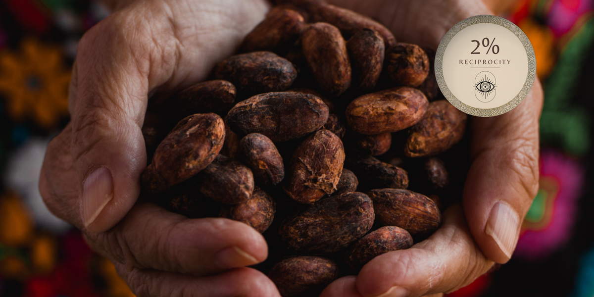 A close-up of a person's hands holding a cupped handful of dark brown cacao beans, with a logo from herbal cacao reading '2% RECIPROCITY' overlaid near the top right.