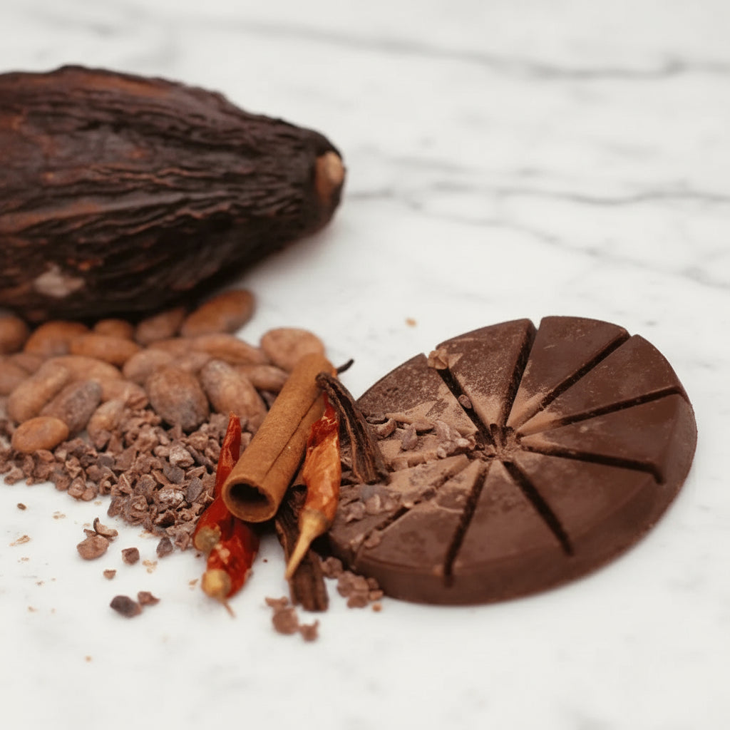 Ceremonial cacao Signature Blend bar by Herbal Cacao with cinnamon and cayenne pepper