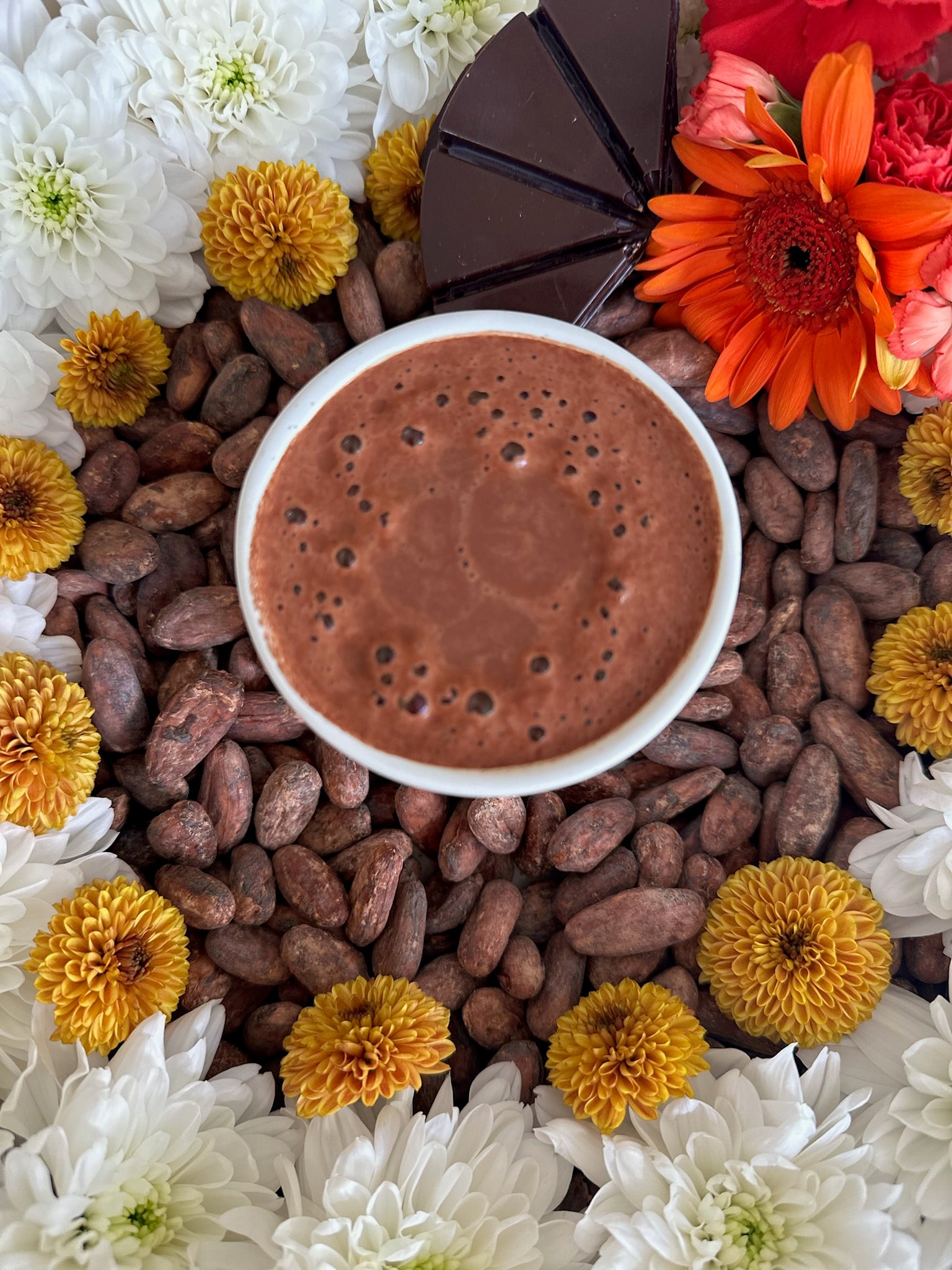 Cup of cacao surrounded by cacao beans, flowers, as a offering 
