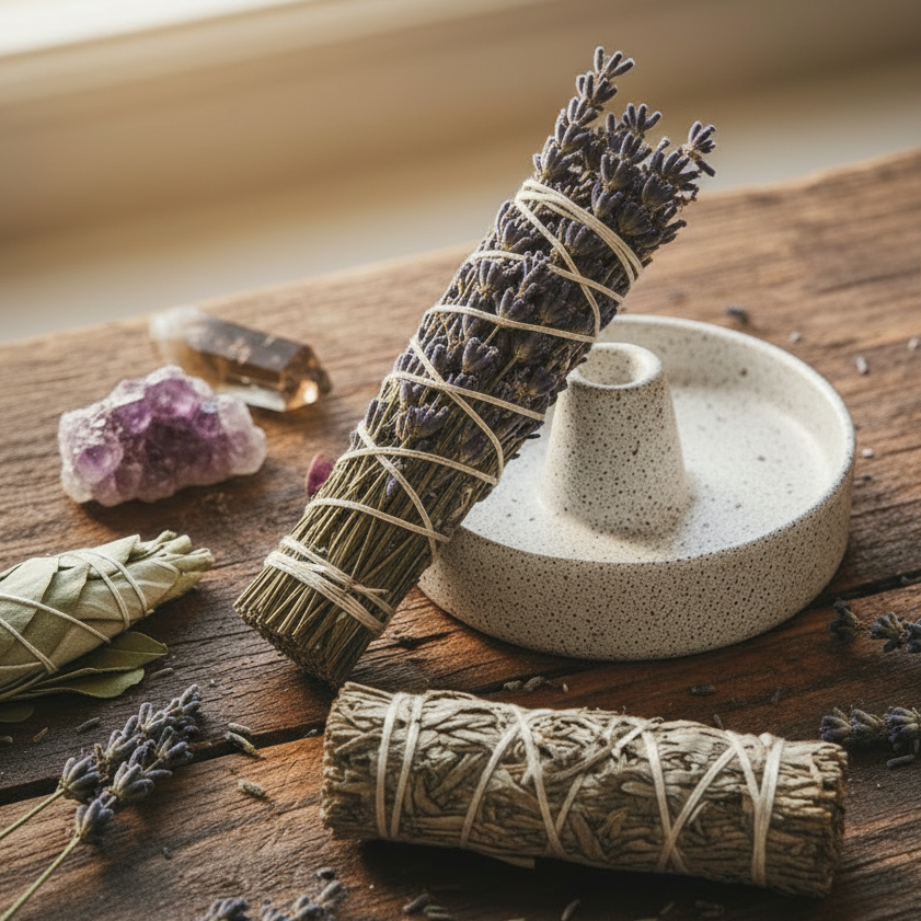 Two bundles of sage & lavender tied with twine on a wooden surface with a small white dish, crystals, and a brown ceramic bowl.