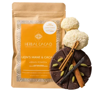 "Brain Power" blend with Lion's Mane and ceremonial-grade cacao, infused with traditional Maya spices for enhanced cognitive function and heart-opening effects.