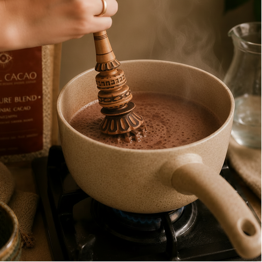 whisking a pan of warm cacao with a Molinillo a traditional whisk for cacao, next to a package of Herbal Cacao.